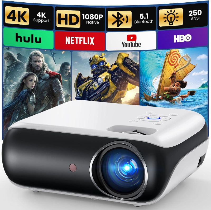 Photo 1 of HAPPRUN Native 1080P Bluetooth Projector, Full HD Portable Outdoor Movie Projector with Built-in Speaker, Compatible with Smartphone, HDMI, USB, AV, Fire Stick, PS5 for Home, Bedroom, Outdoor Use
