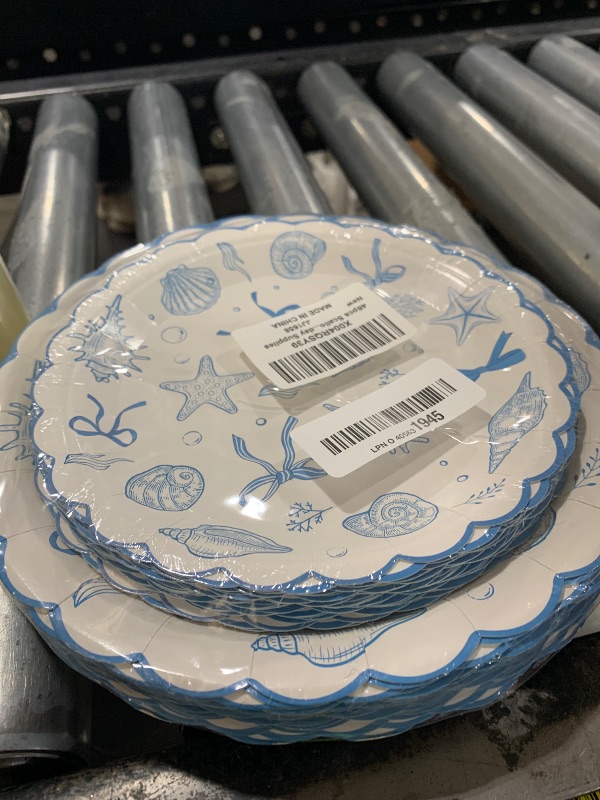 Photo 1 of 48pcs Scalloped Coastal Party Plates Ocean Theme Party Decorations Tropical Blue Bow Starfish Seashell Tableware Blue Bachelorette Decoration for Summer Beach Wedding Bridal Shower Birthday Supplies