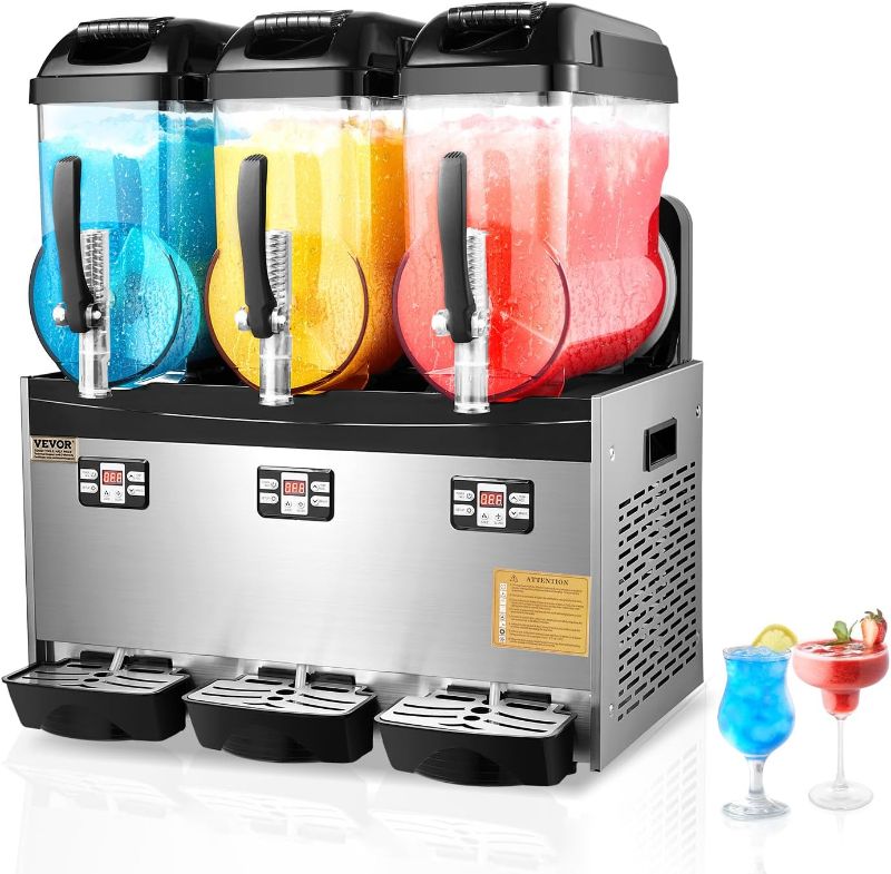 Photo 1 of VEVOR Commercial Slushy Machine, 12Lx3 Triple Tank Frozen Drink Machine, 144 Cups Stainless Steel Margarita Smoothie Frozen Drink Maker, Slushie Maker for Home Party Restaurants Cafe Bars
