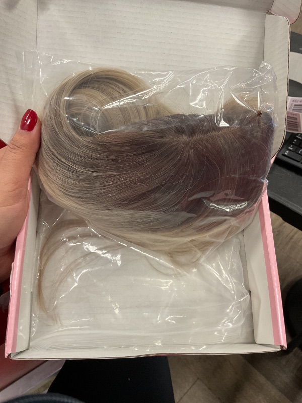 Photo 1 of Synthetic Hair Topper with Bangs 18 Inch Layered Toppers for Women with Thinning Hair 5.5" x 5" hand Tied Forehead Hairline 360° 3D Cover Wispy Synthetic Toppers Hair for Women Fiber Wiglets