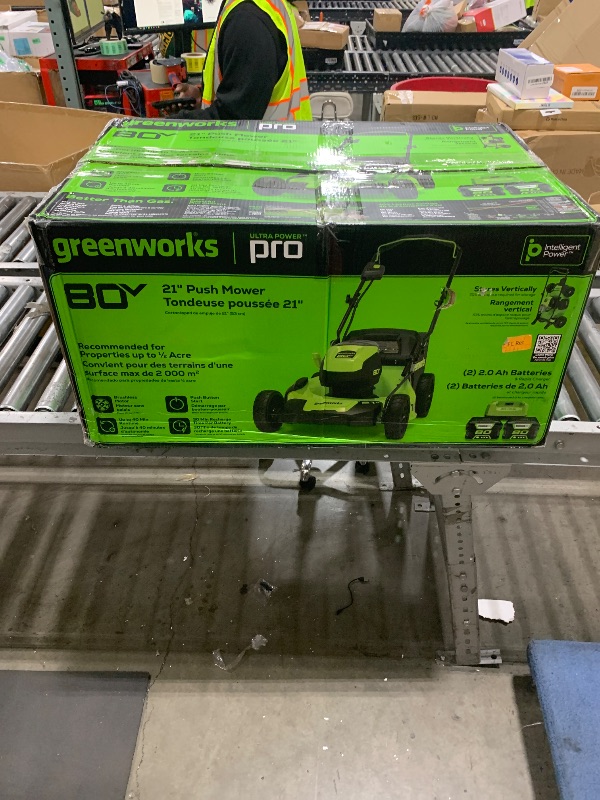 Photo 1 of Greenworks 80V 21" Brushless Cordless (Push) Lawn Mower (75+ Compatible Tools), (2) 2.0Ah Batteries and 30 Minute Rapid Charger Included