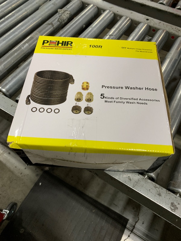 Photo 1 of POHIR 100ft Pressue Washer Hose 4000 PSI, High Power Washing Hose, Replacement Hose with M22 Extension Adapter and 4pcs M22 14mm to 3/8 Quick Connect