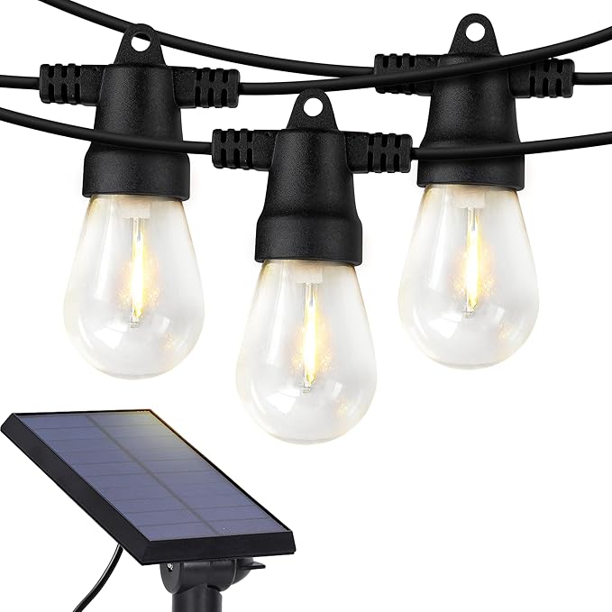 Photo 1 of Brightech Ambience Pro Solar Powered Outdoor String Lights -48ft Commercial Grade Waterproof Edison Patio Lights, Shatterproof LED String Lights for Outside, Porch , 1W Soft White
