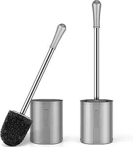 Photo 1 of Toilet Brush and Holder Set, 2 Pack with Stainless Steel Handle Toilet Bowl Brush, Compact Toilet Scrubber Brush for Deep Cleaning Bathroom Restroom, Easy to Assemble-Grey