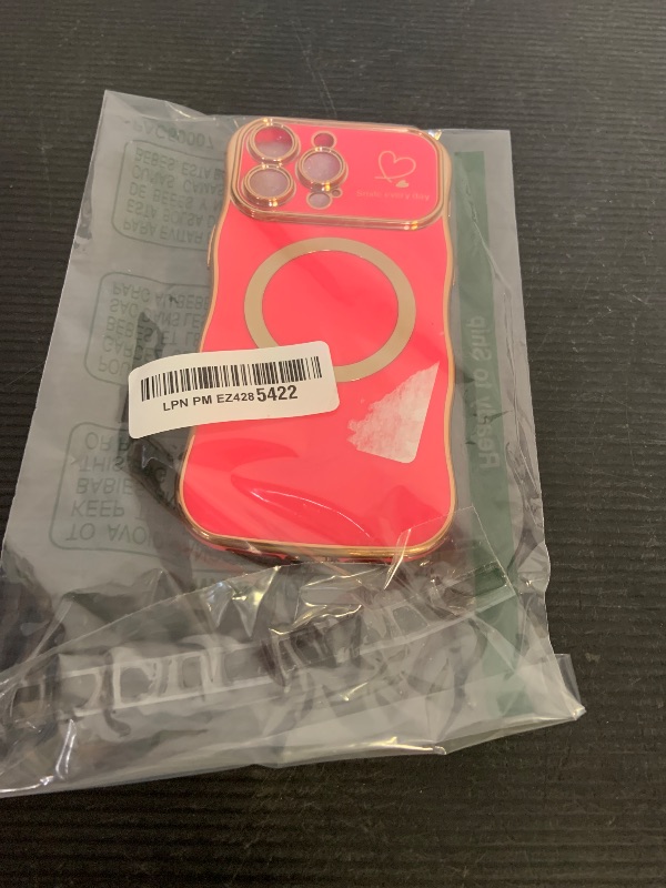 Photo 1 of ZONRW for iPhone 15 Pro Max Case Magnetic,for Women Girls Soft Cute Wave Frame Curly Shape Love Heart Luxury Plating Phone Case Compatible with MagSafe Shockproof Back Cover 6.7"-Hot Pink