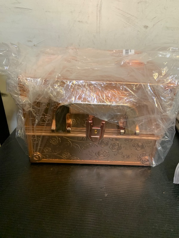 Photo 1 of FRENESSA Makeup Train Case Cosmetic Box Portable Makeup Case Organizer 4 Trays Lock Travel Storage Organizer with Dividers Make Up Artist Vanity Hard Nail Spa Beauty Box Rose Gold Floral