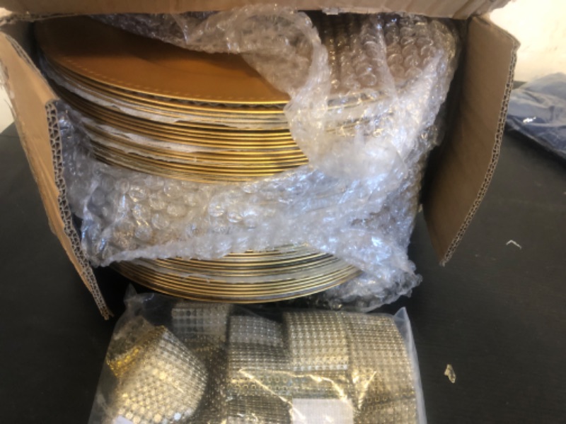 Photo 1 of Tanlade 100 Pcs Charger Plates Bulk with Napkin Rings Set Include 50 Plastic Beaded Plate Chargers 50 Napkin Rings 13'' Round Dinner Plate Chargers Set for Table Setting Wedding Party(Gold)