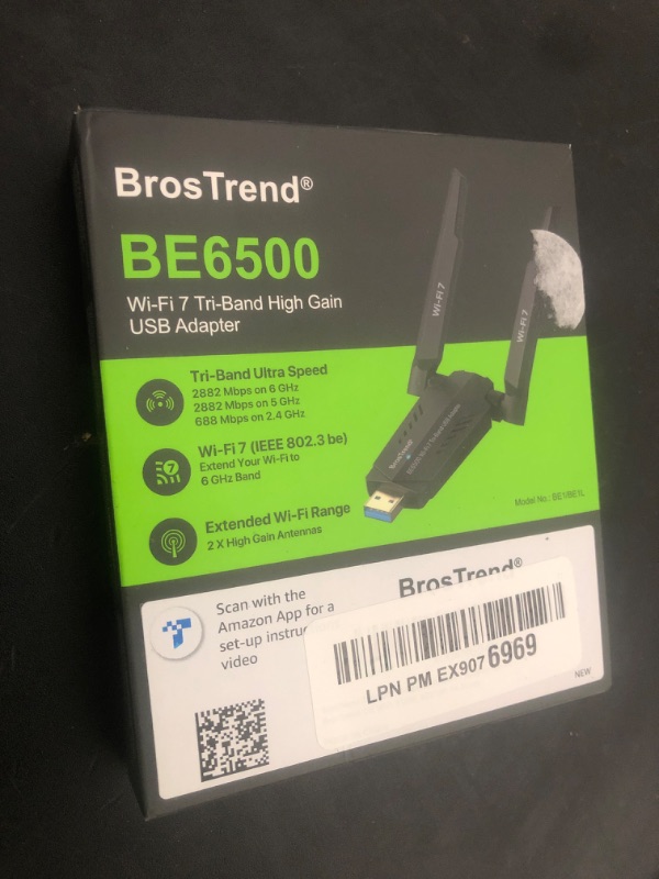 Photo 1 of BrosTrend BE6500 USB WiFi 7 Adapter, Tri-Band Long Range USB WiFi Adapter for Desktop PC Laptop, Wireless Dongle 6GHz + 5GHz + 2.4G, Ultra-Low Latency Wi-Fi Antenna PC Gaming for Windows 11/10, 4K-QAM