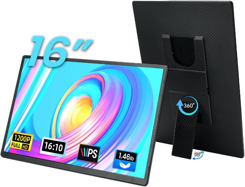 Photo 1 of Click to play video
16" Portable Monitor for Laptop - 1200P FHD Laptop Screen Extender HDMI USB C HDR Travel Dual External Display with Stand Gaming Monitor for Windows MAC Computer Switch Phone Xbox PS4/5