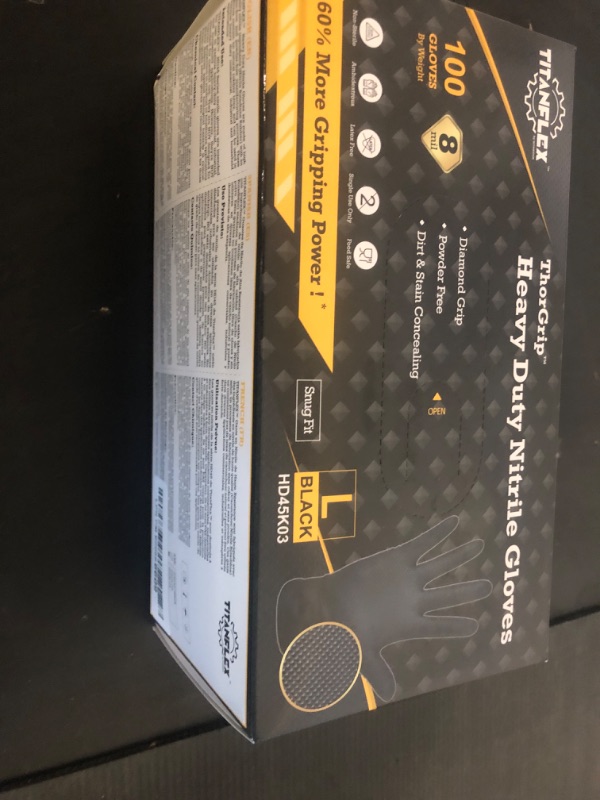 Photo 1 of TitanFlex Heavy Duty Black Industrial Nitrile Gloves, 8-mil, Large, Box of 100, Latex Free, Raised Diamond Texture, Powder Free, Food Safe, Rubber Gloves, Mechanic Gloves