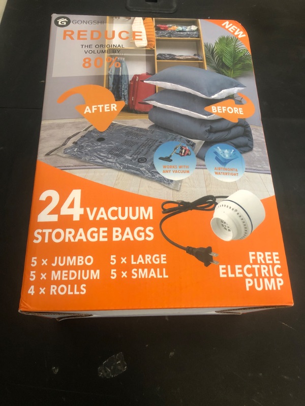 Photo 1 of 24 Pack Vacuum Storage Bags with Electric Pump, (5 Jumbo, 5 Large, 5 Medium, 5 Small, 4 Roll Up Bags) Space Saver Bag for Clothes, Mattress, Blanket, Duvets, Pillows, Comforters,Travel