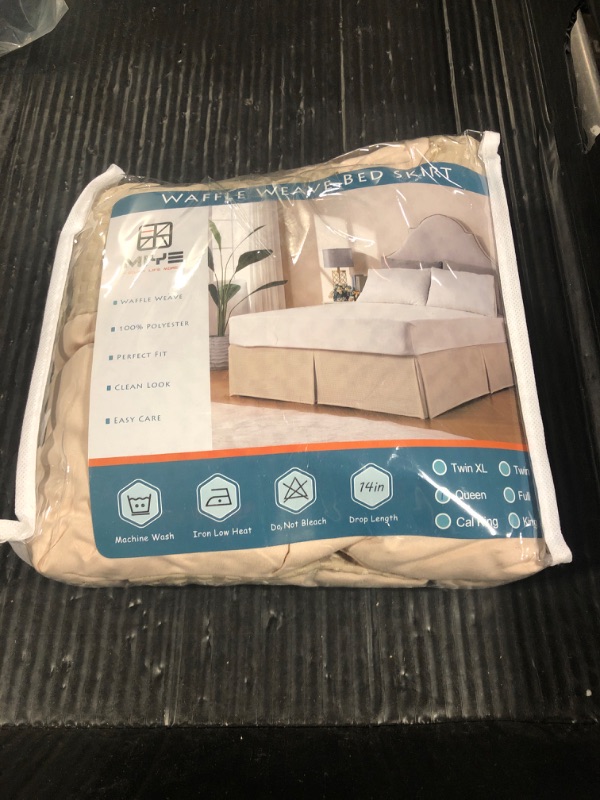 Photo 1 of MIYE Pleated Waffle Weave Bed Skirt, Tailored Dust Ruffle 14 Inch Drop Easy Fit, Machine Washable,No Split Corners (Beige, Queen - 14" Drop)