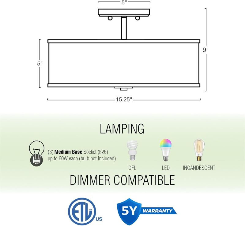 Photo 1 of Kira Home Chloe 15" Retro Modern 3-Light Semi-Flush Mount Ceiling Light + White Drum Shade, LED Compatible, Round Tempered Glass Diffuser, Warm Brass Trim Finish