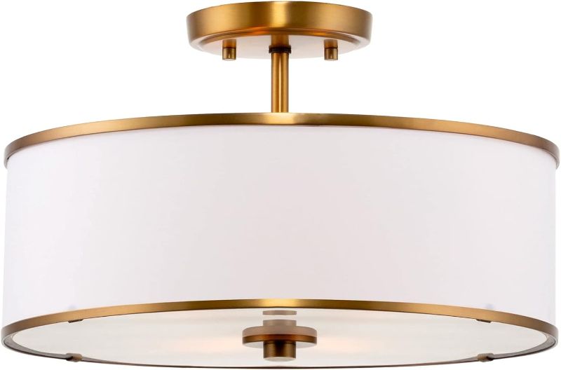 Photo 1 of Kira Home Chloe 15" Retro Modern 3-Light Semi-Flush Mount Ceiling Light + White Drum Shade, LED Compatible, Round Tempered Glass Diffuser, Warm Brass Trim Finish