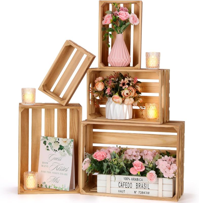 Photo 1 of Soaoo 5 Pcs Decorative Nesting Wooden Crates for Storage Display 5 Size Large Small Rustic Wood Decorative Storage Crates with Handle Farmhouse Crate Box Container Made from Pine(Classic Color)