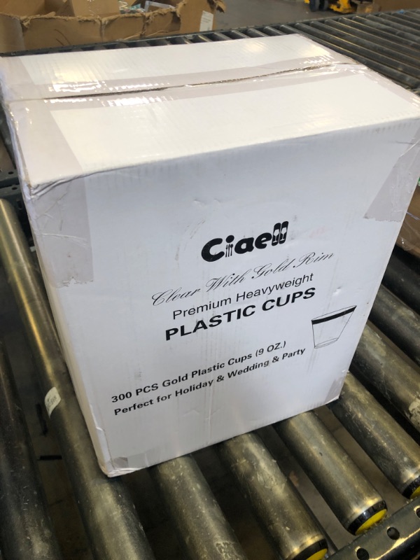 Photo 1 of Ciaell 300PCS Gold Plastic Cups - 9Oz Heavy Duty Disposable Clear Plastic Cups with Gold Rim for Wine, Cocktail, Party & Wedding & Thanksgiving