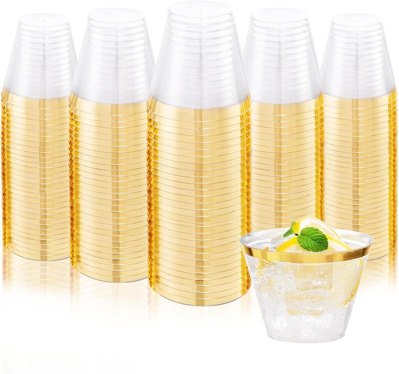 Photo 1 of Ciaell 300PCS Gold Plastic Cups - 9Oz Heavy Duty Disposable Clear Plastic Cups with Gold Rim for Wine, Cocktail, Party & Wedding & Thanksgiving