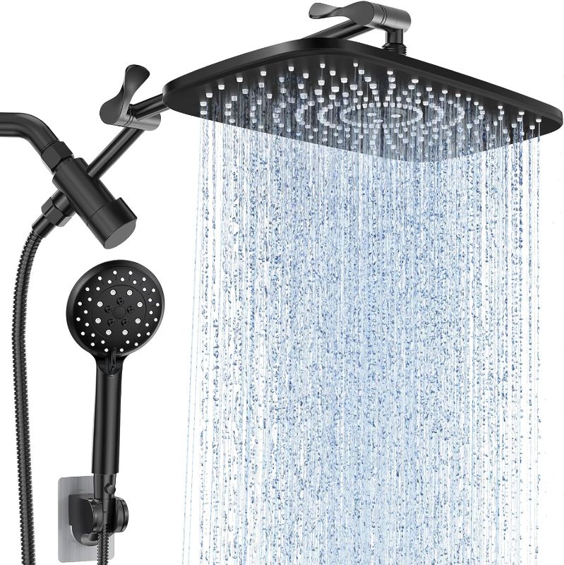 Photo 1 of Veken 11.8'' Rain Black Shower Head with Handheld Spray Combo, Extension Arm for Rainfall showerhead, Muti-modes Massage High Pressure Hand Held Shower Heads with Hose, Anti-Clog Nozzles & Bathroom