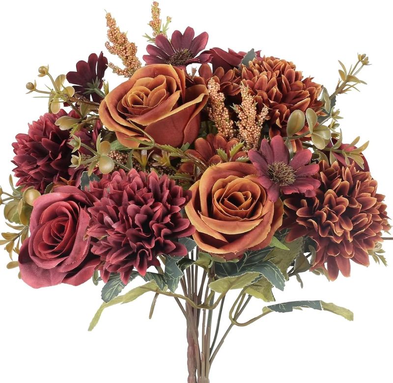 Photo 1 of GTIDEA 2 Bundles Artificial Fall Flowers 2 Colors Fake Roses Silk Bouquets with Hydrangea Autumn Faux Flowers Arrangements for Home Fall Wedding Table Centerpieces Party Decor (Orange+Red)