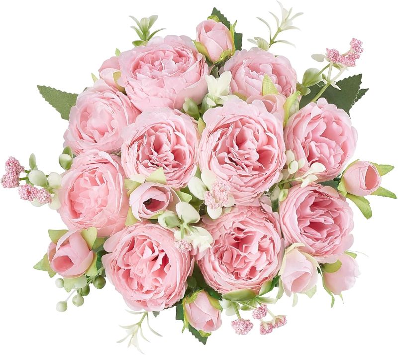 Photo 1 of Mkono Peonies Artificial Flowers, Small Silk Flowers for Home Decor Indoor Fake Bouquet Faux Floral Arrangements Dining Table Centerpieces for Kitchen Bridal Wedding Party Decor Pink