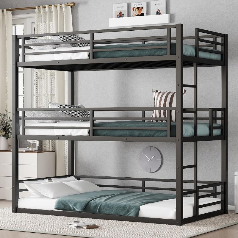 Photo 1 of KEIKI Twin Over Twin Over Twin Bunk Bed, Metal Triple Bunk Bed with Safety Guardrails, Heavy-Duty Bunk Bed with Noise-Reduced Design, Black
