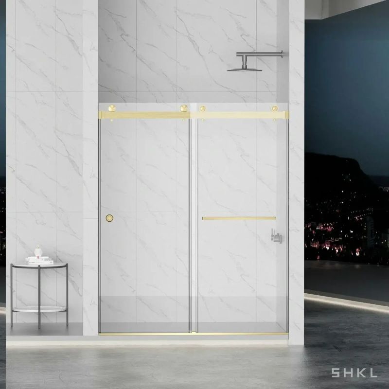 Photo 1 of SHKL55-59" x 72" Frameless Double Sliding Shower Door, 5/16"(8mm) Tempered Glass, Brushed Gold

