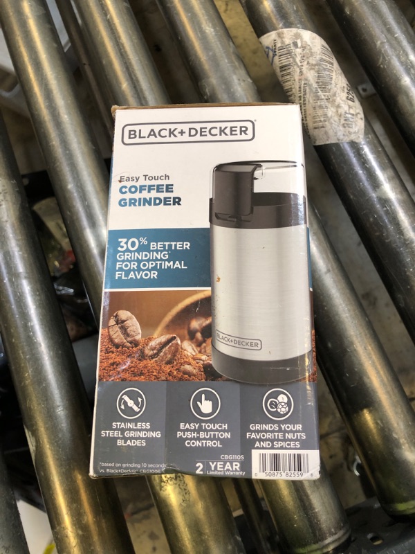 Photo 1 of BLACK+DECKER One Touch Coffee Grinder, 2/3 Cup Coffee Bean Capacity, Spice Grinder, One Touch Push-Button Control -150 Watts -Stainless Steel Blades