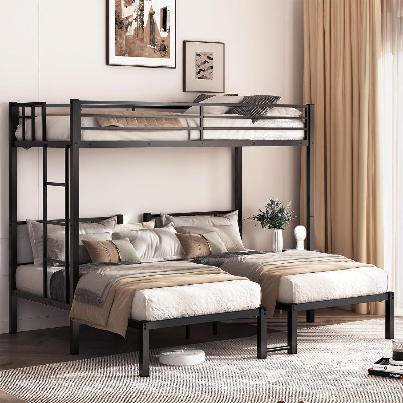 Photo 1 of Twin Over Twin & Bunk Beds for 3, Triple Bunk Bed for 3 with Guardrails, Ladder & Upper-Bed Platform, for Children, Teens, Adults, No Box Spring Needed, Black
