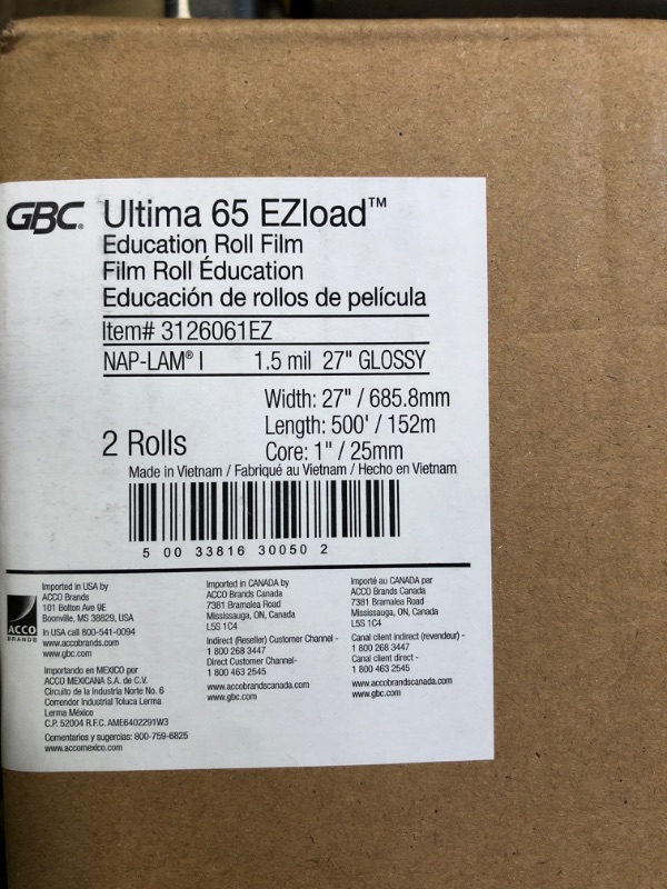 Photo 1 of GBC Thermal Laminating Film, Rolls, Ultima 65 EZLoad, Nap I, 1.5 mil, 27" x 500', 2-Pack (3126061EZ)
