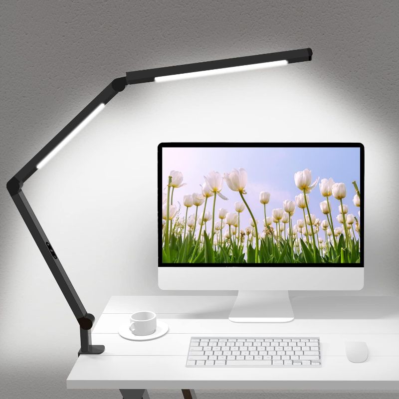 Photo 1 of Micomlan Led Desk Lamp for Home Office, White Architect Desk Lamp with Clamp for Crafting, 24W Bright Rotatable Led Table Light Stepless Dimming Tempering Wide Computer Light with Atmosphere Lighting