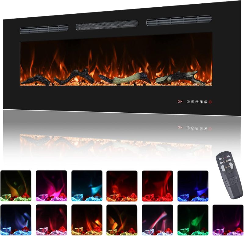 Photo 1 of 48inch Electric Fireplace in Wall Recessed and Wall Mounted Fireplace Electric, 13 Flame Colors, Realistic Logs &Crystals Fuel Bed, Adjustable Temperature and Timer, 750W/1500W, Black
