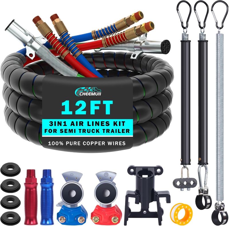Photo 1 of CheeMuii 12 FT Semi Truck Air Line Kit With Gladhand Holder and Springs - Red & Blue Brake Hoses and 7 Way Trailer Cord 3-in-1 for Tractor
