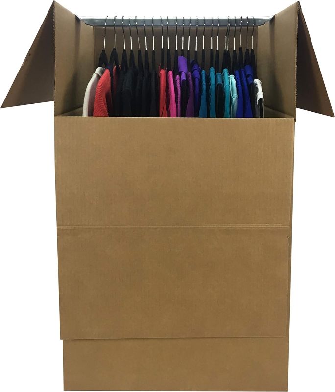 Photo 1 of Amazon Basics Wardrobe Clothing Moving Boxes with Bar, 6 Pack, Brown, 24" x 24" x 40"