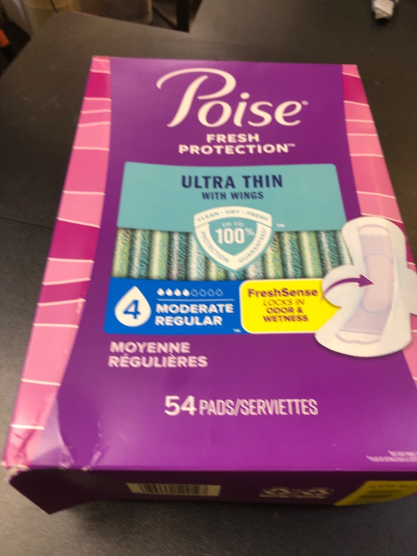 Photo 1 of Poise Ultra Thin Incontinence & Postpartum Pads with Wings for Bladder Leaks, 4 Drop Moderate Absorbency, Regular Length, 54 Count, Packaging May Vary