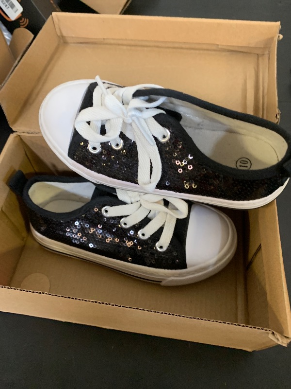 Photo 1 of Toandon Boys Girls Kids Sneakers Glitter Sequins Canvas Shoes Toddler Child Glitter Sparkle Low Top Lace Up Non Slip Lightweight Walking Outdoor Black Size 11