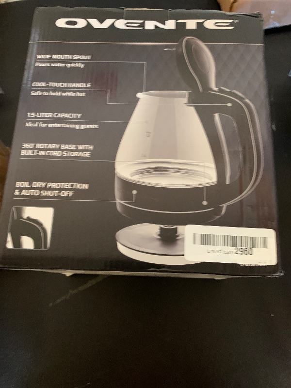 Photo 1 of OVENTE Electric Kettle, 1.5L Borosilicate Glass Countertop Water Heater and Boiler for Coffee or Tea, BPA-Free, Auto Shut-Off, Boil-Dry Protection, Removable and Washable Spout Filter, Black KG83B