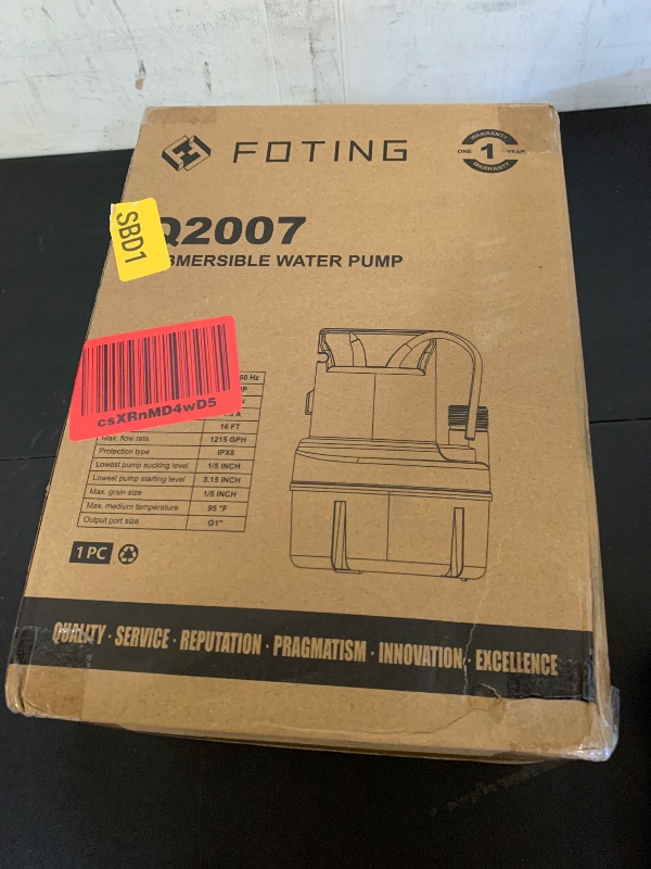 Photo 1 of 2025 FOTING Portable Sump Pump Water Pump 1215GPH,1/4HP,25ft Power Cord for Garden Pond,Basement Pool Drainage and Hot Tub,Thermoplastic Submersible Pump Lowest Sucking Level 1/5inch,
