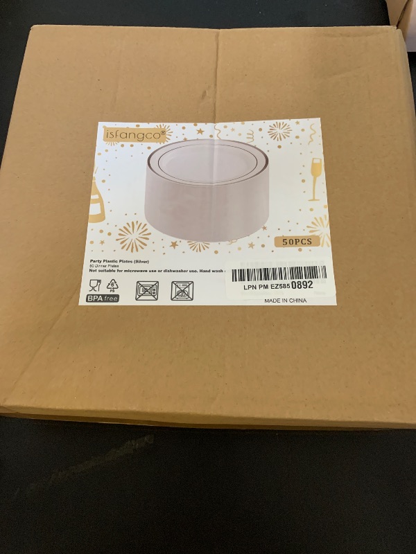 Photo 1 of ISFANGCO 50 PCS Silver and White Plastic Plates for 50 Guests,10.25inch Silver Rimmed White Disposable Plastic Plates for Wedding,Party,Birthday,Smooth Edge & Heavy Duty Dinner Plate