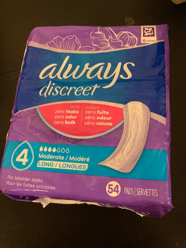 Photo 1 of Always Discreet Adult Incontinence Pads for Women, Moderate Absorbency, Long Length, Postpartum Pads, 54 Count