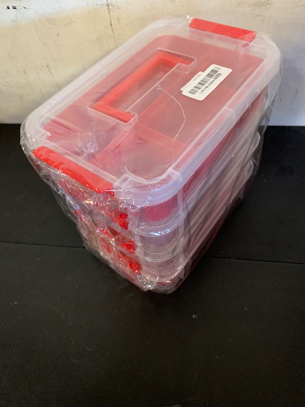 Photo 1 of JUXYES 4-Tiers Stack Carry Storage Box With 2 Divided Tray, Transparent Stackable Storage Bin With Handle Lid Latching Storage Container for School & Office Supplies, Red
