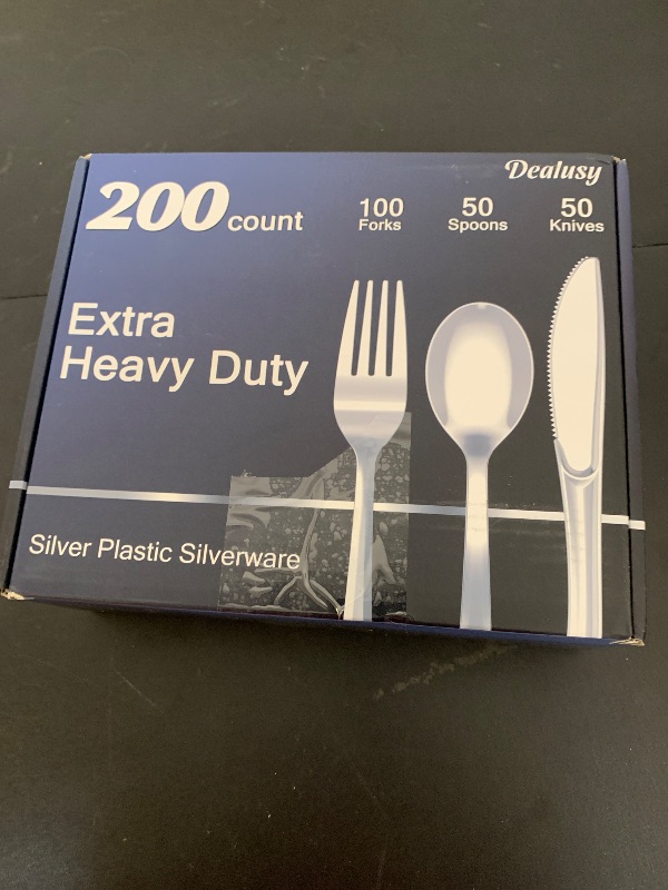Photo 1 of Dealusy 200 Count Heavy Duty Silver Plastic Silverware, 100 Forks, 50 Spoons, 50 Knives, BPA-Free, Heat Resistant, Disposable Plastic Utensils Set Cutlery Set, Plasticware Bulk