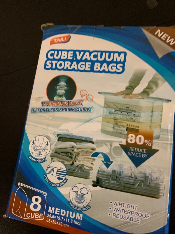Photo 1 of TAILI Travel Vacuum Storage Bags, Medium Cube (25x19x11 inch), 8 Pack Vacuum Seal Bags for Clothing, Compression Packing for Clothes, Blankets, Baby Clothes, No Pump Needed, Travel Accessories