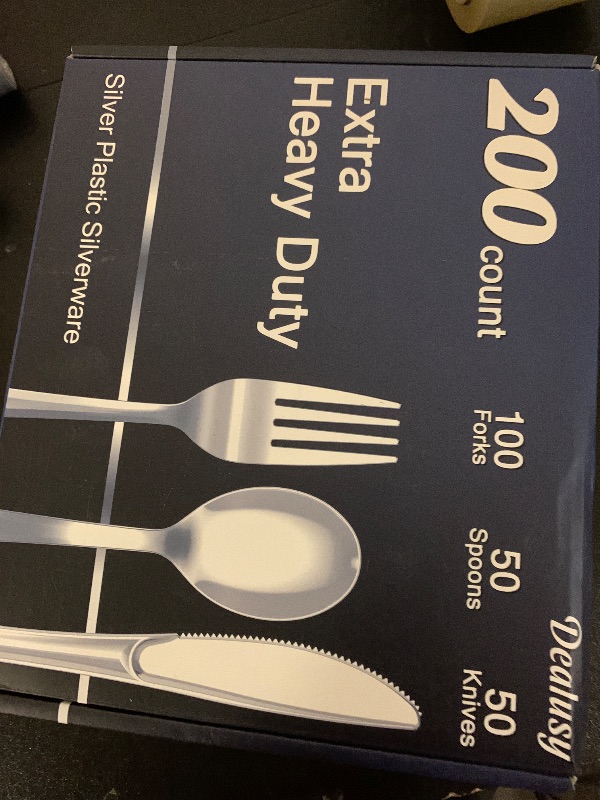 Photo 1 of Dealusy 200 Count Heavy Duty Silver Plastic Silverware, 100 Forks, 50 Spoons, 50 Knives, BPA-Free, Heat Resistant, Disposable Plastic Utensils Set Cutlery Set, Plasticware Bulk