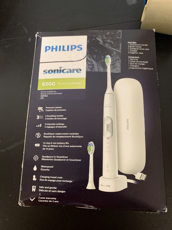 Photo 1 of Philips Sonicare ProtectiveClean 6500 Rechargeable Electric Toothbrush, with Pressure Sensor, 3 Cleaning Modes, SmarTimer and QuadPacer, 14-Day Battery Life, Charging Travel Case, White, HX6462/05