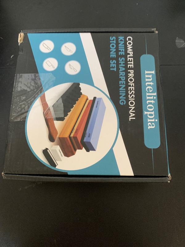 Photo 1 of Intelitopia Complete Knife Sharpening Stone Set – Dual Grit Whetstone 400/1000 3000/8000 Knife Sharpener with Leather Strop, Flattening Stone, Bamboo Base, 3 Non-slip Rubber Bases & Angle Guide
