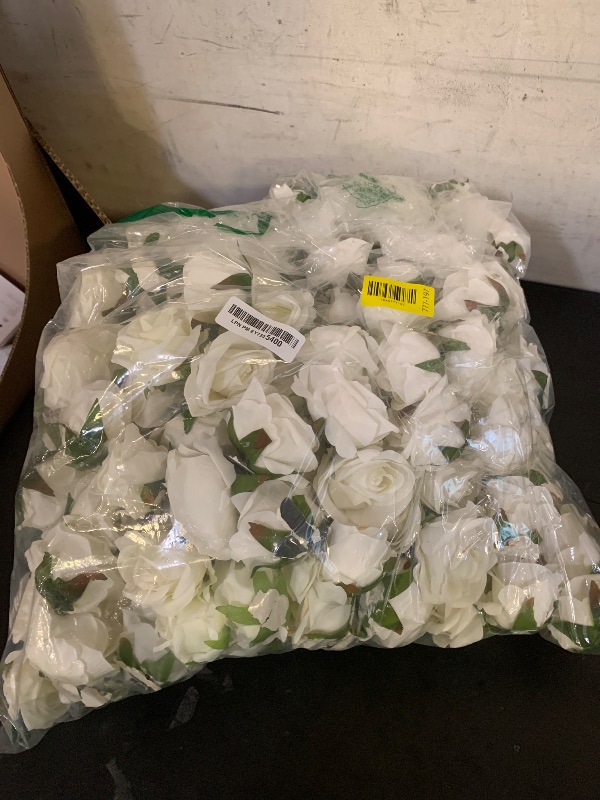Photo 1 of Jexine 100 Pieces Artificial Roses Flowers Bulk, Long Stem Realistic Fake Silk Roses Bouquet for Table Centerpiece Vases Wedding Party Kitchen Decor(White)