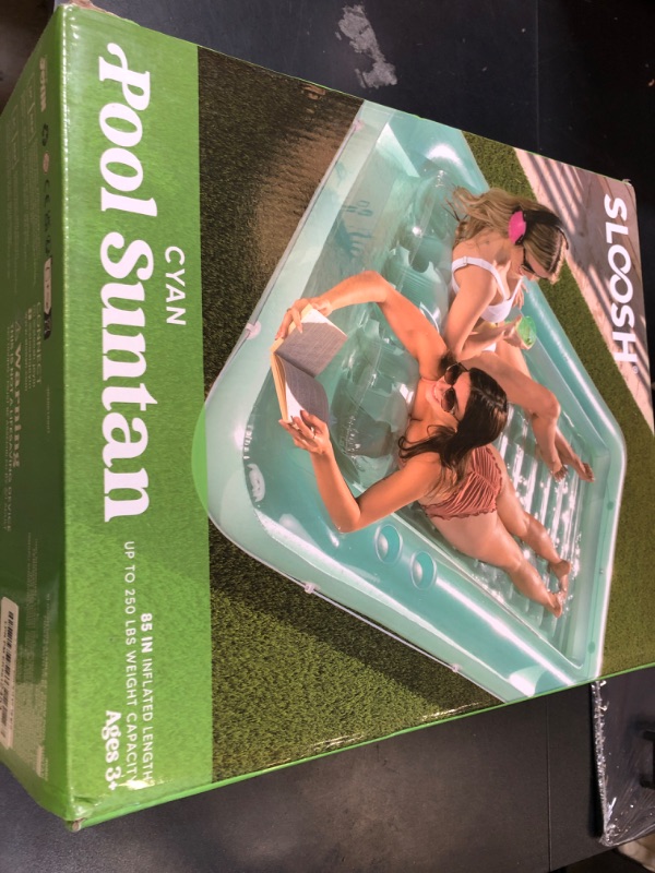 Photo 1 of SLOOSH Inflatable Tanning Pool Lounger Float, 85" x 57" Extra Large Pool Floats Adult with Pillow, 4 in 1 Suntan Tub Raft Floatie,Sunbathing Bed Lounge for Water Blow Up Ball Pit Party Gifts, XL-Cyan