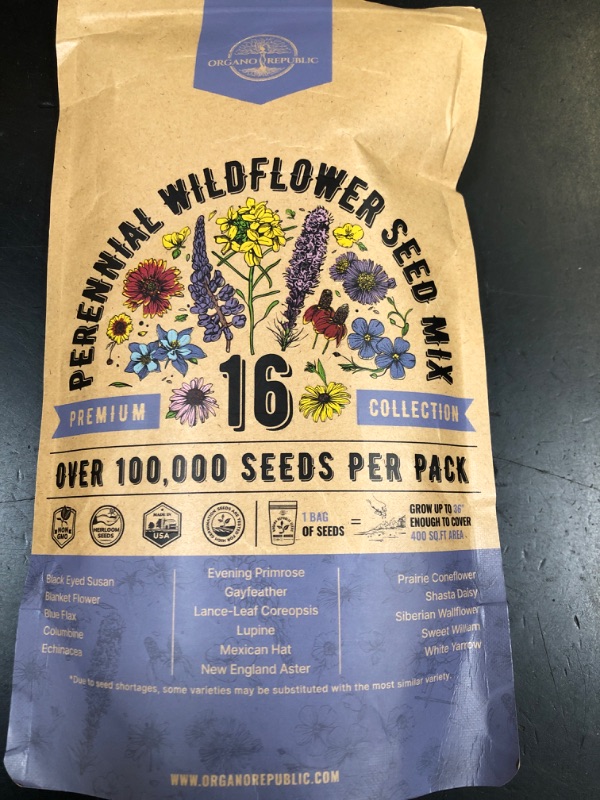Photo 1 of Organo Republic 16 Perennial Wildflower Seeds Mix for Indoor & Outdoors. 100,000+ Non-GMO, Heirloom Wildflower Garden Seeds, 4oz Packet for Growing Wild Flowers to Attract Bees, Butterflies & Birds
