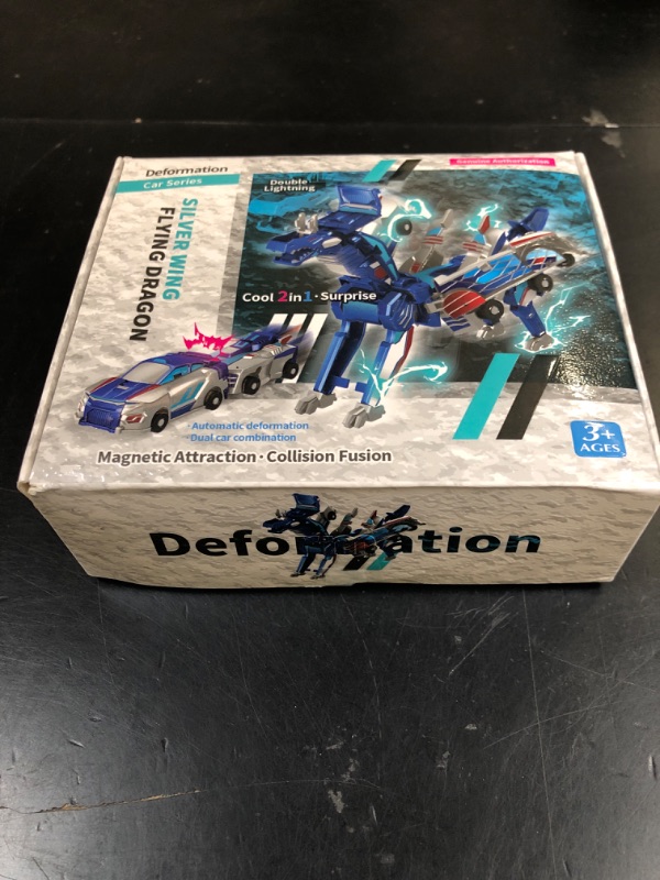 Photo 1 of Intoypad Collision Transforming Dinosaur Car Toy, 2 Magnetic Cars Transform into Dinosaur Toys for Kids Toddler Fun Deformation Robot Dino Car Christmas Birthday Gift Toys for Boys Girls(Blue Dragon)