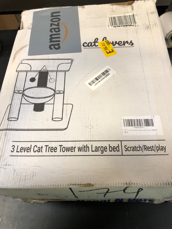 Photo 1 of Happi N Pets 28" Cat Tree Tower for Indoor Cats, Tall Cat Scratching Post with Large Bed for Maine Coon Big Cats, Sisal Cat Scratcher with Soft Perch & Hammock, Stable Cat Stand, Removable Cover-Gray